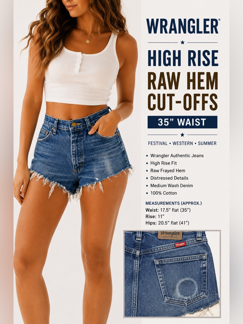 Wrangler High Rise Distressed Denim Cut Off Shorts Size 31 Vintage Style Western